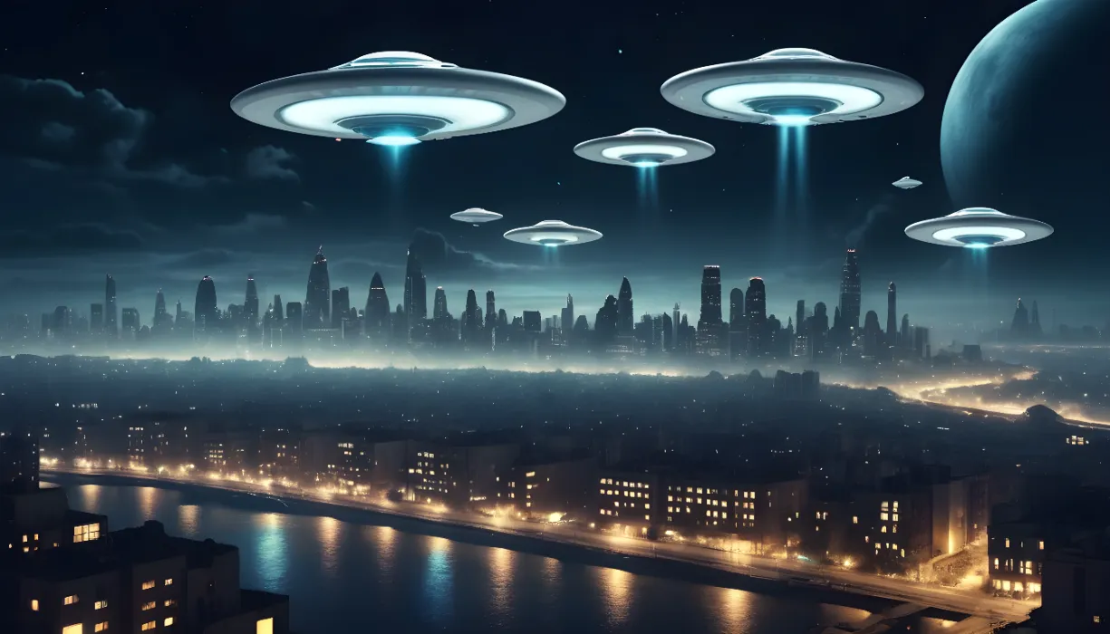 Home Page. Try In Page Upload Image, Default is Alien UFOs over Cityscape.