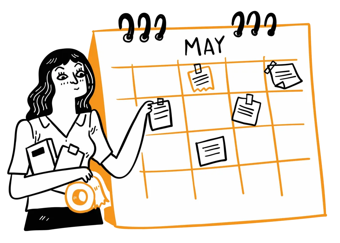 Features Page. Cartoon Women Showing an Appointment Calendar.
