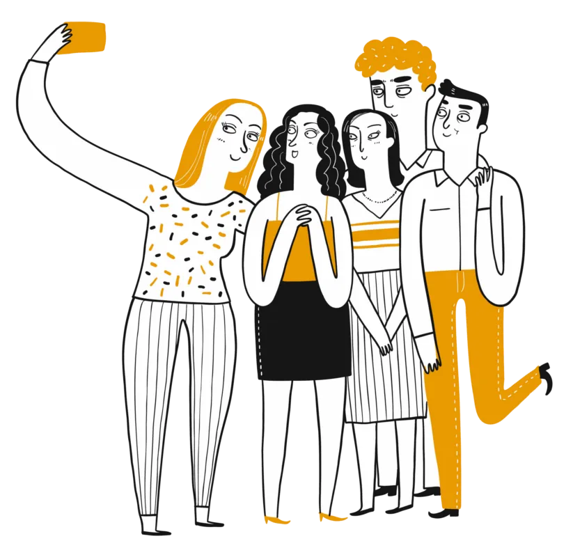 Features Page. Cartoon Group of People taking a Selfie.