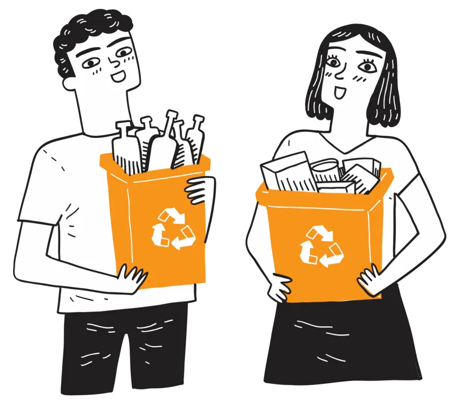 Product Page. Cartoon Man and Women with Recycling Bins.