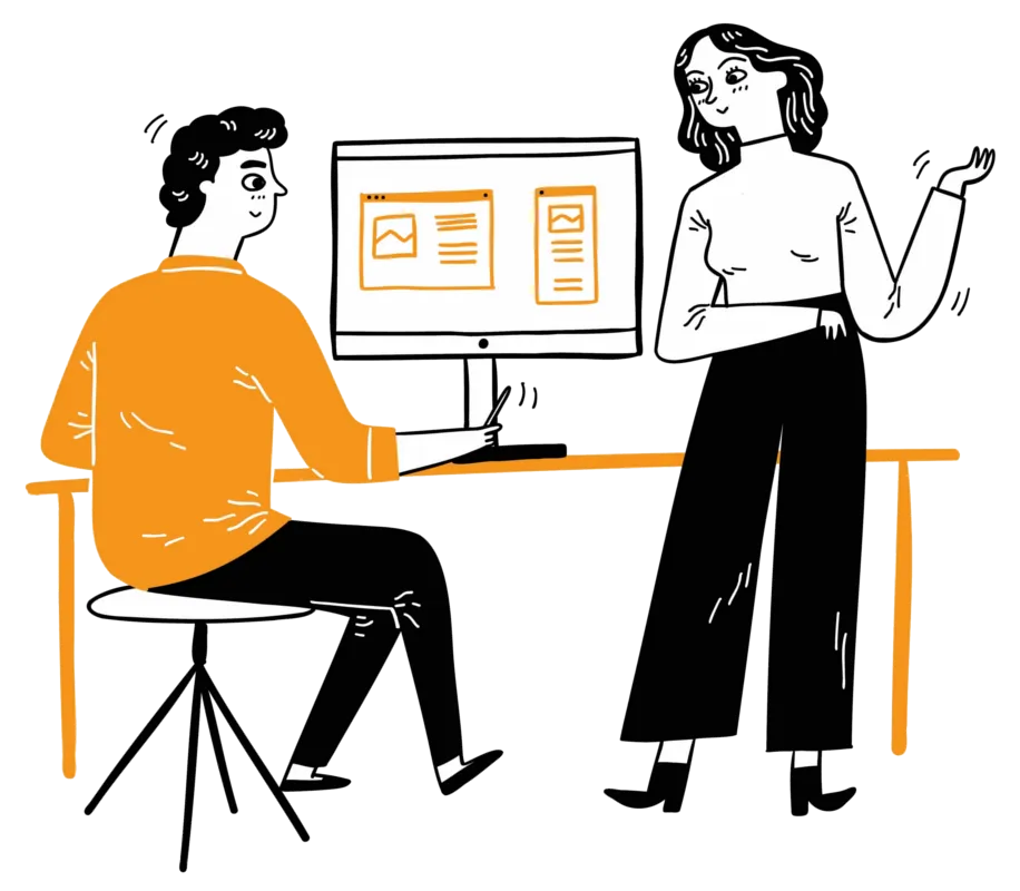 Features Page. Cartoon Man and Women chatting at a Computer.