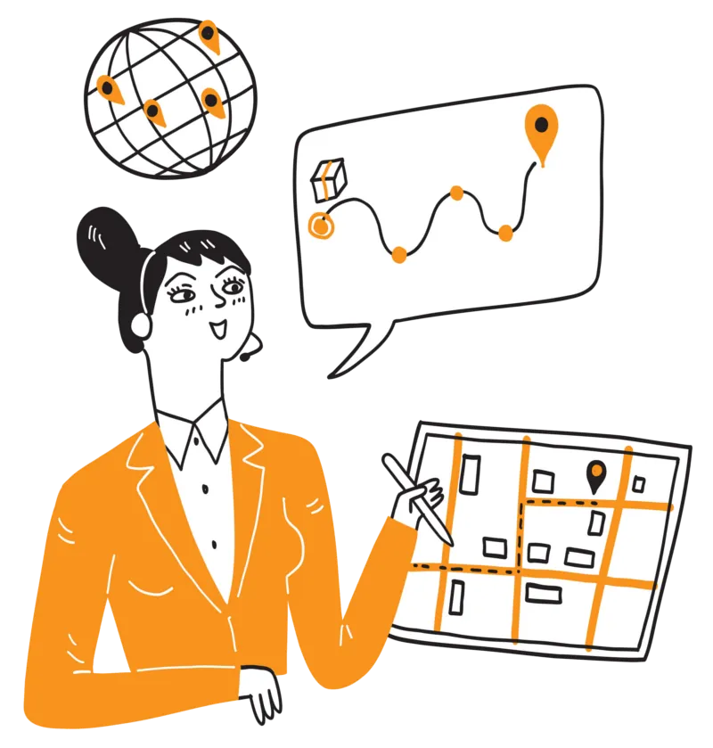 Features Page. Cartoon Woman Looking at a Map and Getting Directions.