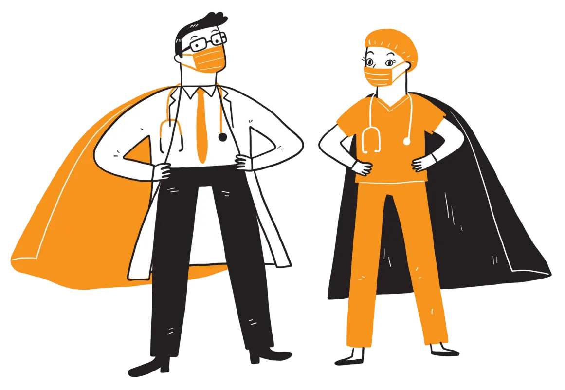 Product Page. Cartoon Doctor and Nurse in Capes and Face Masks.