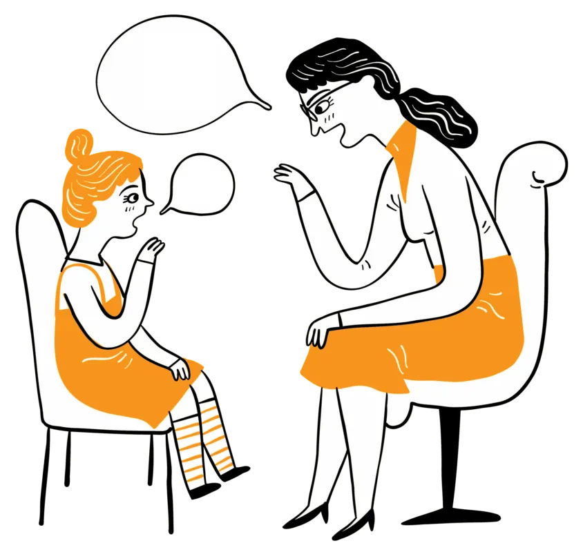 Features Page. Cartoon Woman Chatting to a Girl Sitting on Chairs.