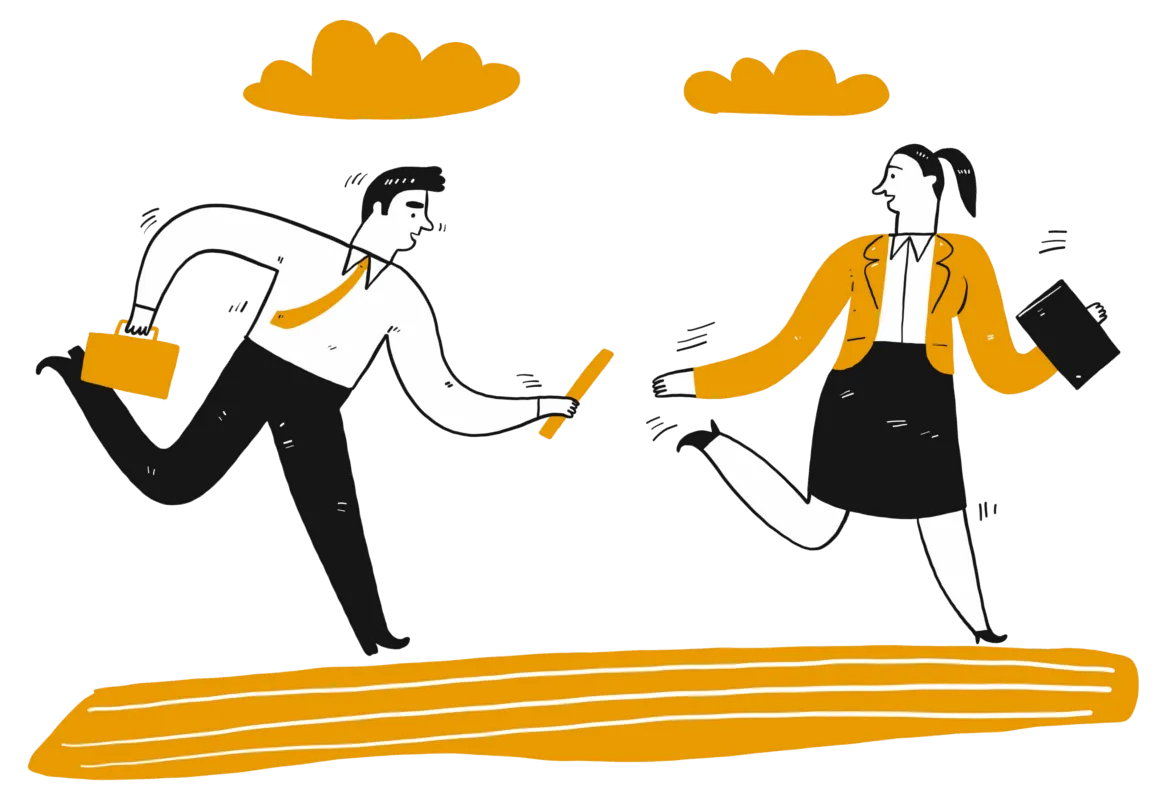 Product Page. Cartoon Man and Woman Running and Passing a Baton.