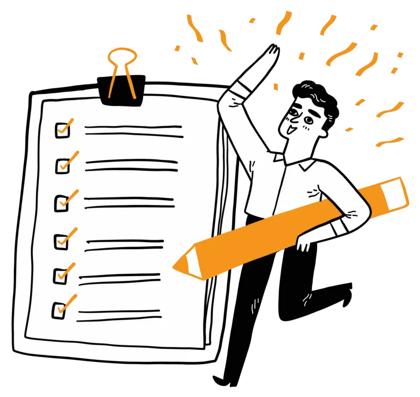 Features Page. Cartoon Man Marking Checkboxes on a Clipboard.
