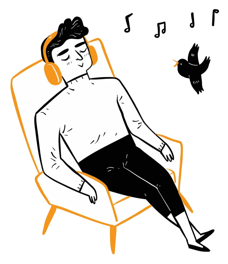 Features Page. Cartoon Man Relaxing in a Chair Listening to Music.