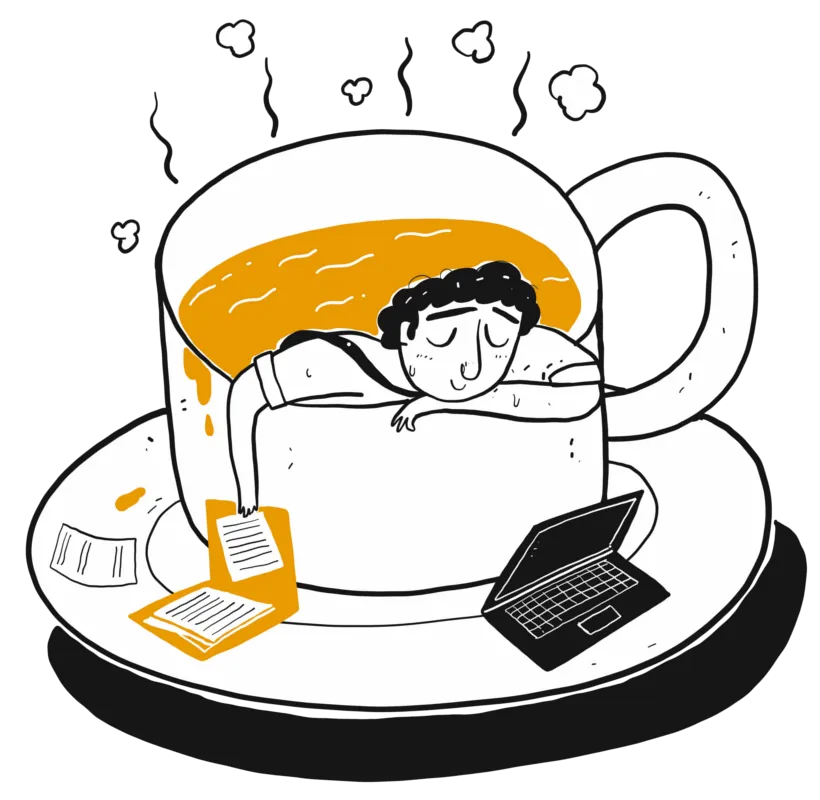 Solution Page. Cartoon Man Taking a Nap in a Cup of Tea.