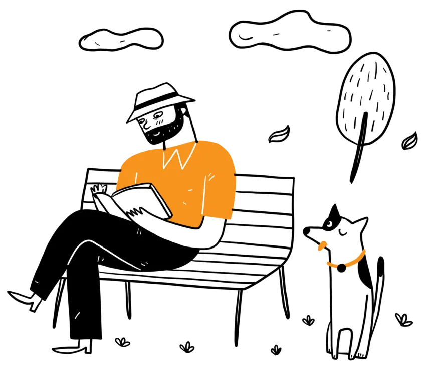 One Step Page. Cartoon Man Sitting on Park Bench Reading.