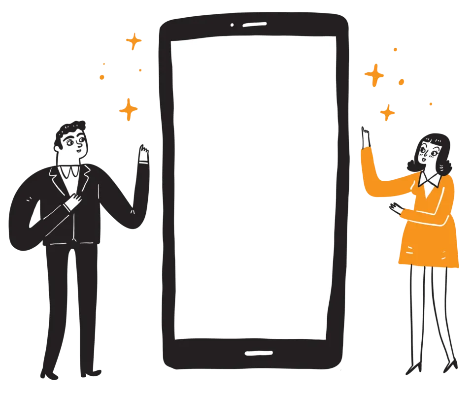 Product Page. Cartoon Man and Women Admiring Huge Mobile Phone.