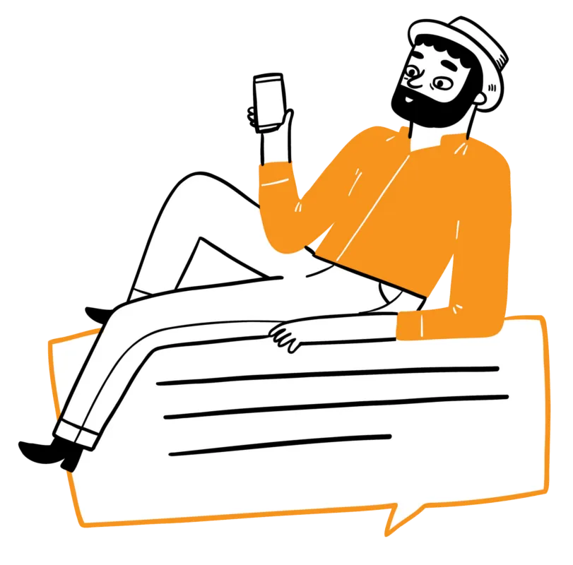 Features Page. Cartoon Man Reclining on Chat Box Holding a Mobile Phone.